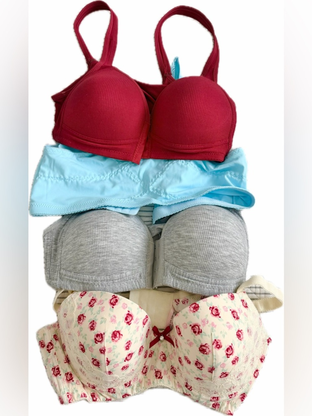 4-Pack Bra Set - Red, Light Blue, Gray, Floral Cream